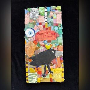 Handmade  Mosaic Art “Follow Your Bliss“Polymer Clay &Glass OOAK On Wood 12”x6”